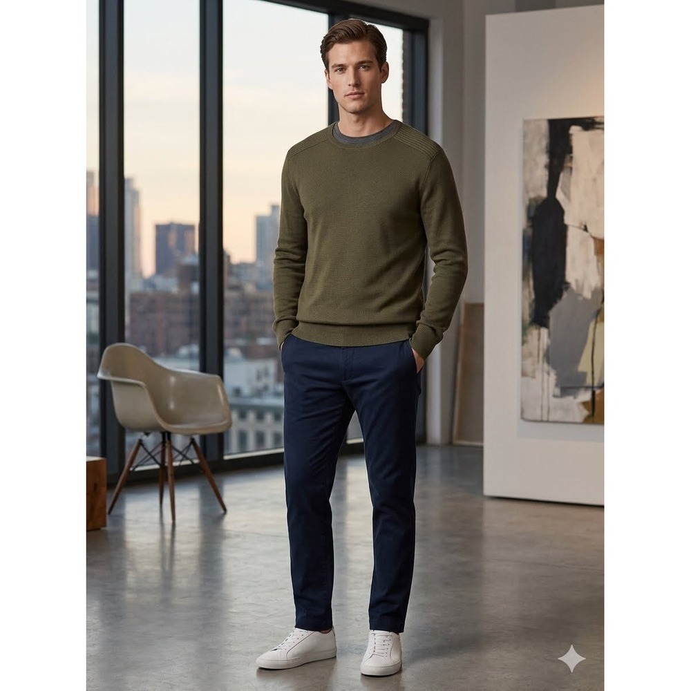 Polo Ralph Lauren Mens Olive Green Ribbed Shoulder Crewneck Sweater Large